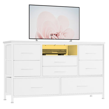 Garvee Meuble TV à 8 tiroirs avec éclairage LED et prise électrique pour salon et chambre, blanc, grand espace de rangement