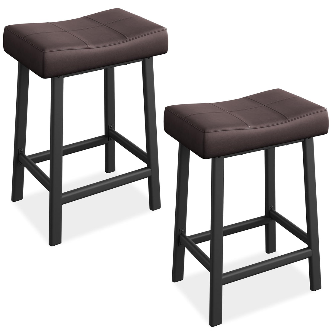 Garvee Lot de 2 tabourets de bar selle 61 cm, sans dossier, assise rembourrée incurvée, pieds métal et repose-pieds, pour îlot de cuisine ou bar, marron