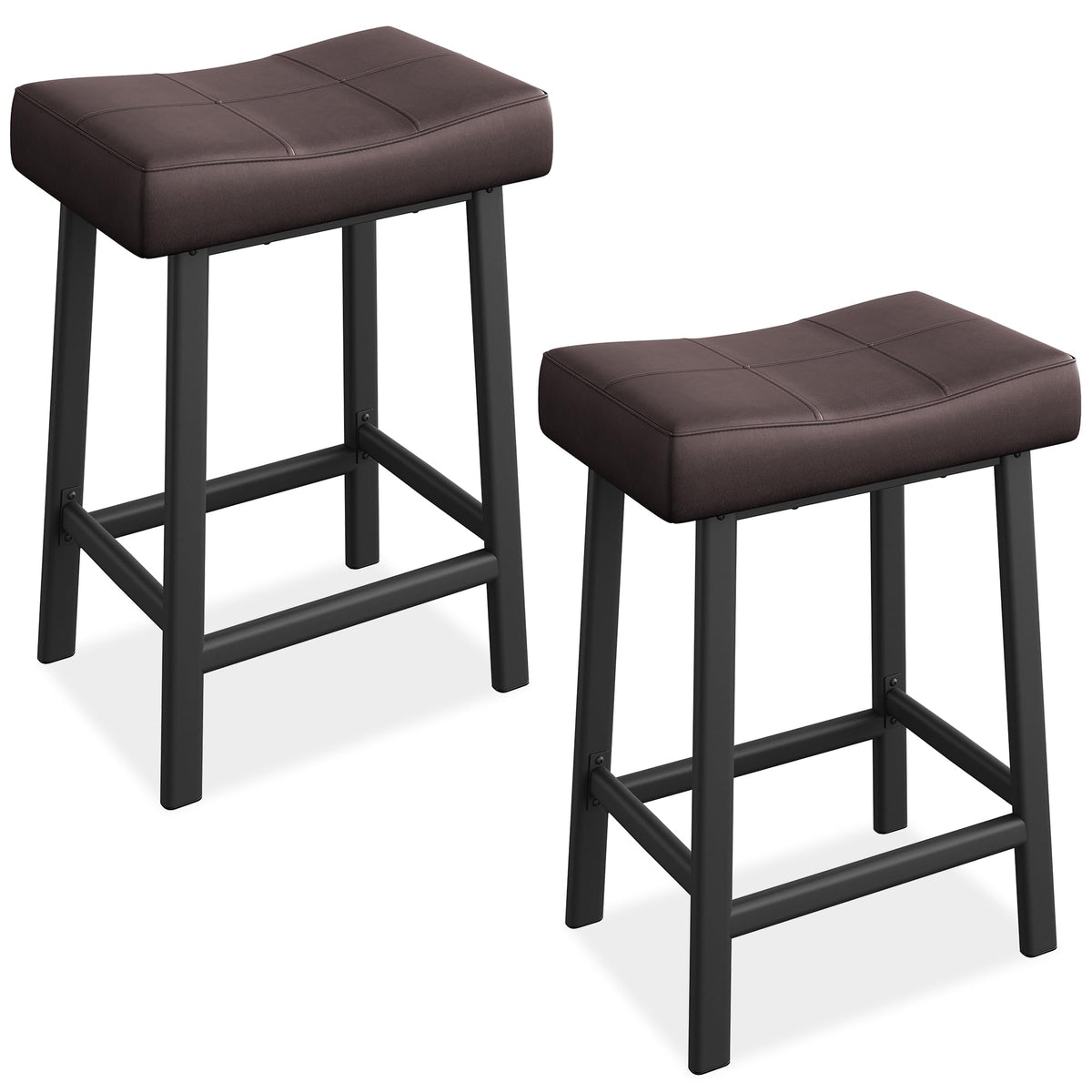 Garvee Lot de 2 tabourets de bar selle 61 cm, sans dossier, assise rembourrée incurvée, pieds métal et repose-pieds, pour îlot de cuisine ou bar, marron