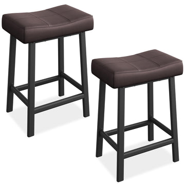 Garvee Lot de 2 tabourets de bar selle 61 cm, sans dossier, assise rembourrée incurvée, pieds métal et repose-pieds, pour îlot de cuisine ou bar, marron