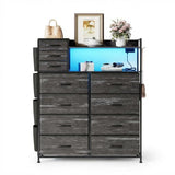 Garvee Commode Métallique 11 Tiroirs, 4 Poches Latérales en Tissu, Station de Charge et LED, Dessus Bois, pour Chambre, Salon et Bureau, Noir - Noir