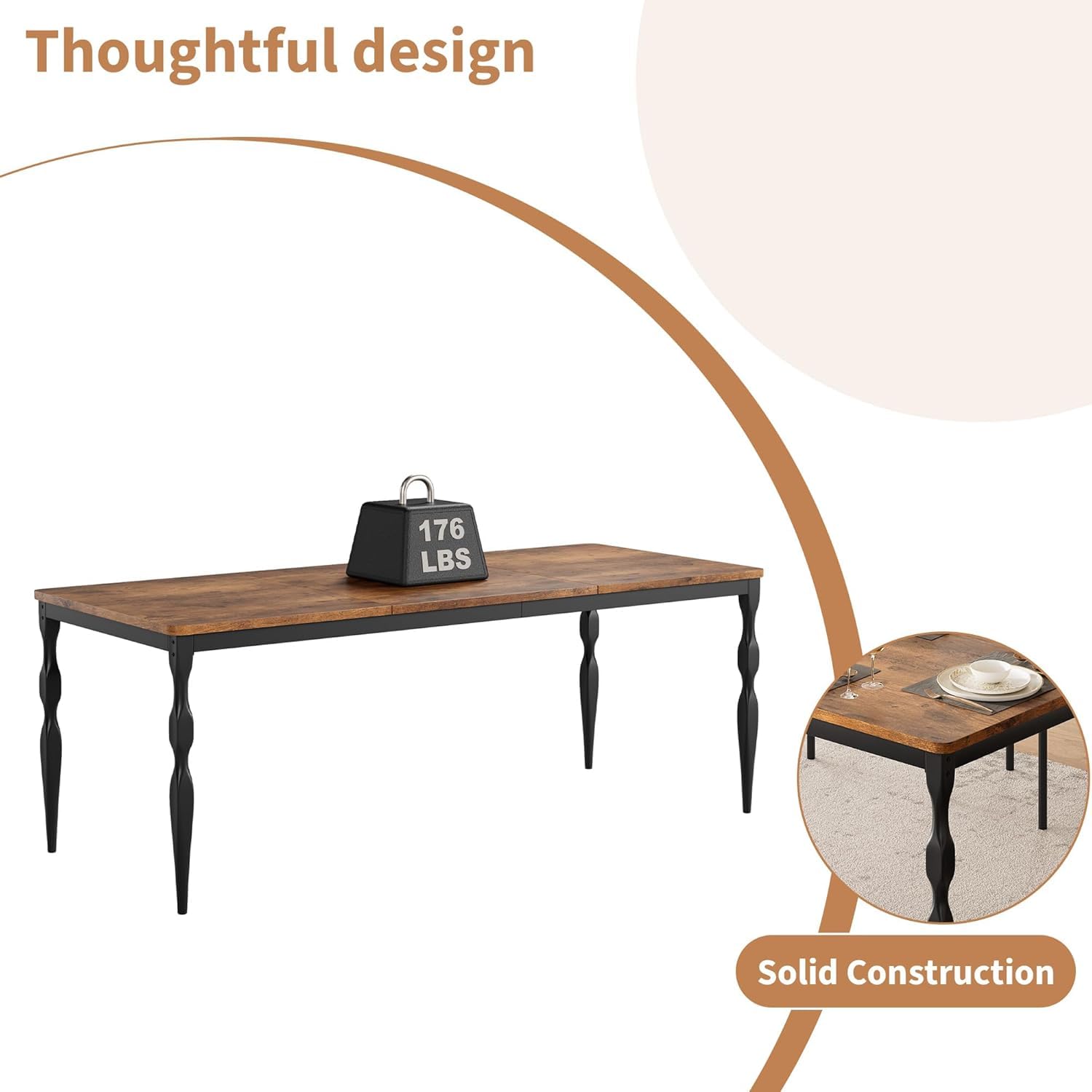 Table de salle à manger Garvee style ferme 180 cm, rectangulaire, robuste, en bois avec pieds en métal, pour la cuisine et la salle à manger, 6 à 8 couverts, résistante aux rayures, stable, en bois naturel