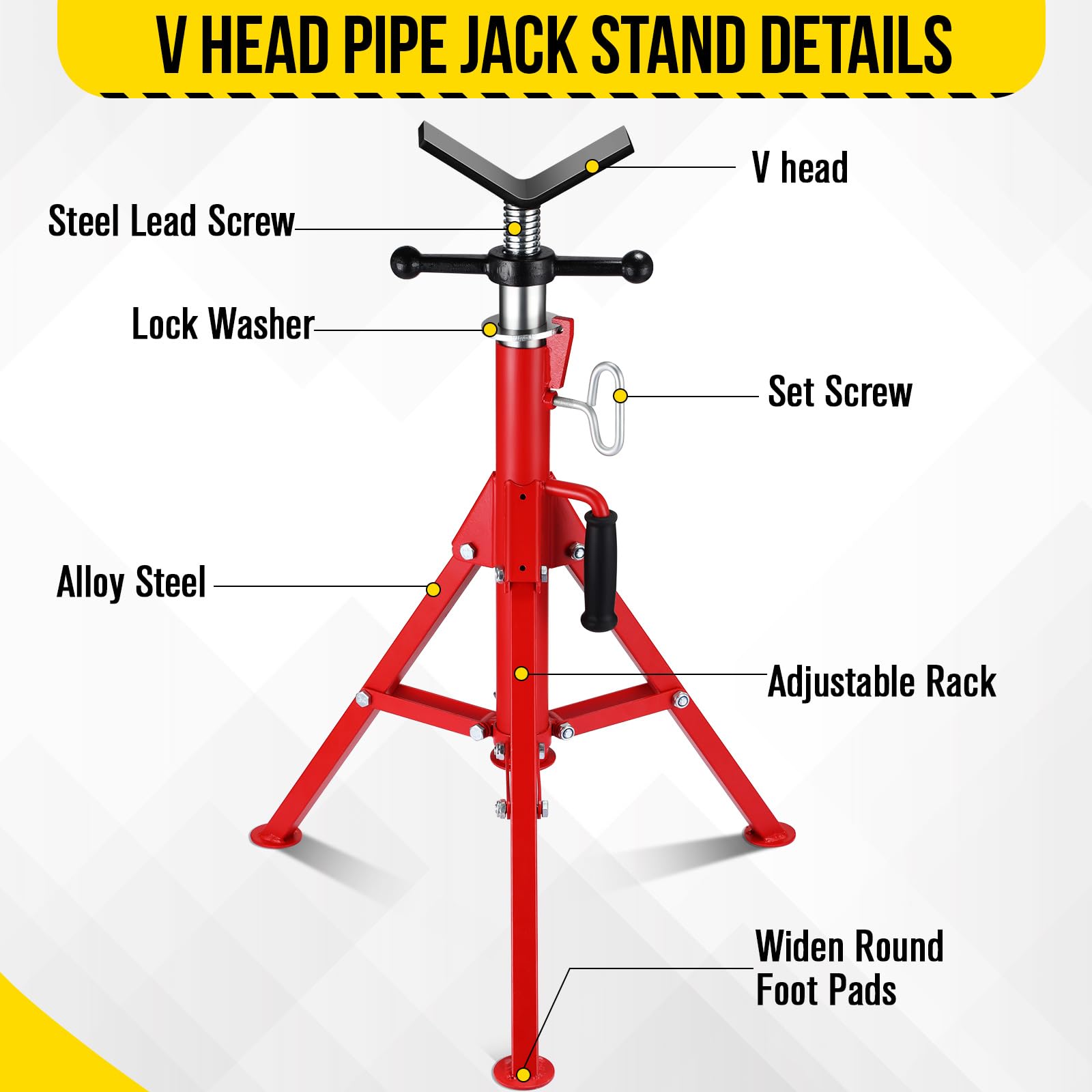 Support de levage de tuyaux Garvee à tête en V, robuste, 1134 kg (2500 lb), réglable de 71 à 132 cm (28 à 52 pouces), en acier, pliable, pour le soudage et la réparation automobile