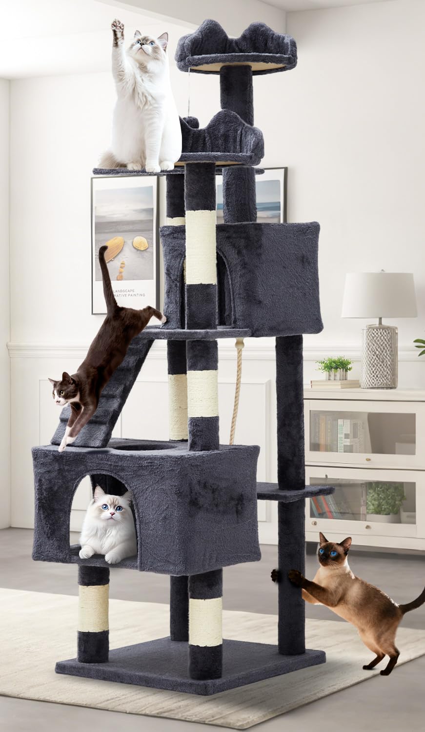 Arbre à chat Garvee pour grands chats 188 cm - Stable, polyvalent, en bois, 6 poteaux à griffer, balles, pour salon d'intérieur