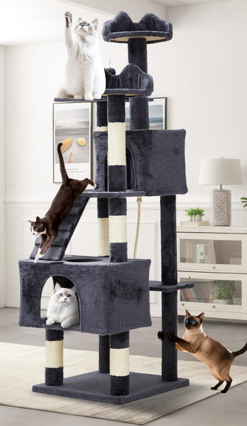 Arbre à chat Garvee pour grands chats 188 cm - Stable, polyvalent, en bois, 6 poteaux à griffer, balles, pour salon d'intérieur