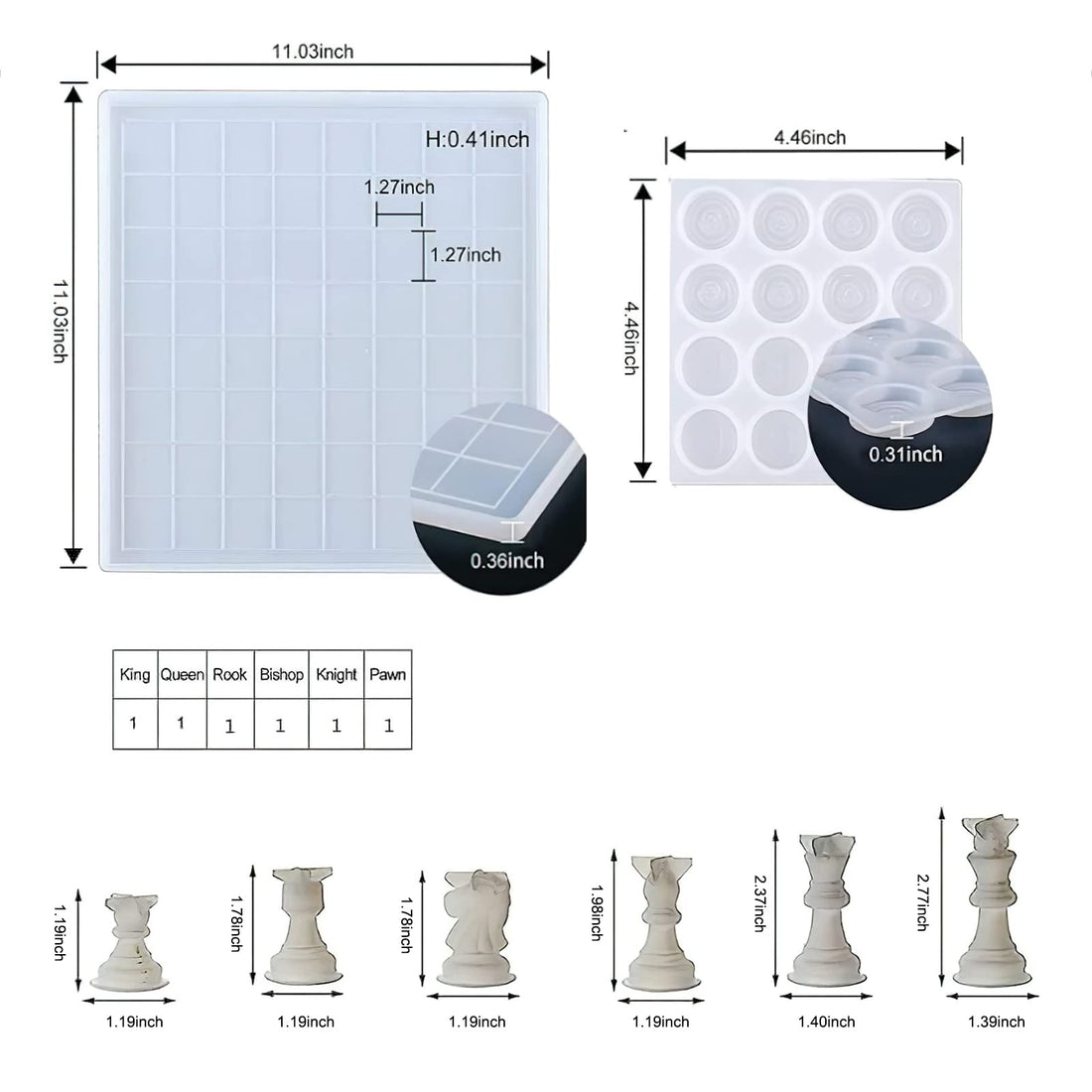 Jeu d'échecs Garvee en silicone (3 pièces) – Pièces et échiquier 3D pour loisirs créatifs, enfants et adultes, transparent
