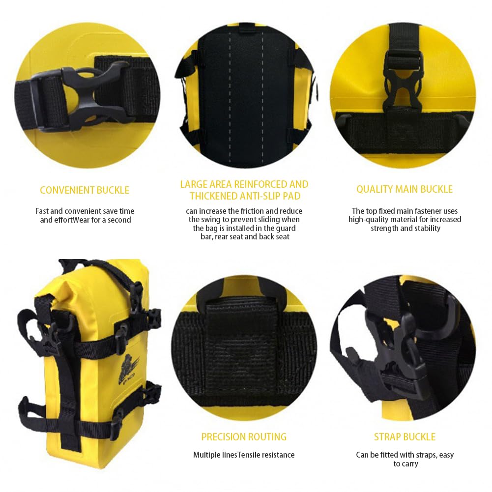 Sacoche moto Garvee avec barre de protection, étanche IPX6, 8 L, jaune, pour cadres de moto et utilisation tout-terrain
