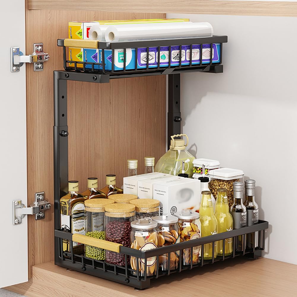 Garvee Organisateur sous évier en forme de L avec étagère coulissante à 2 niveaux pour cuisine et salle de bain, hauteur réglable, antirouille, acier au carbone, Noir