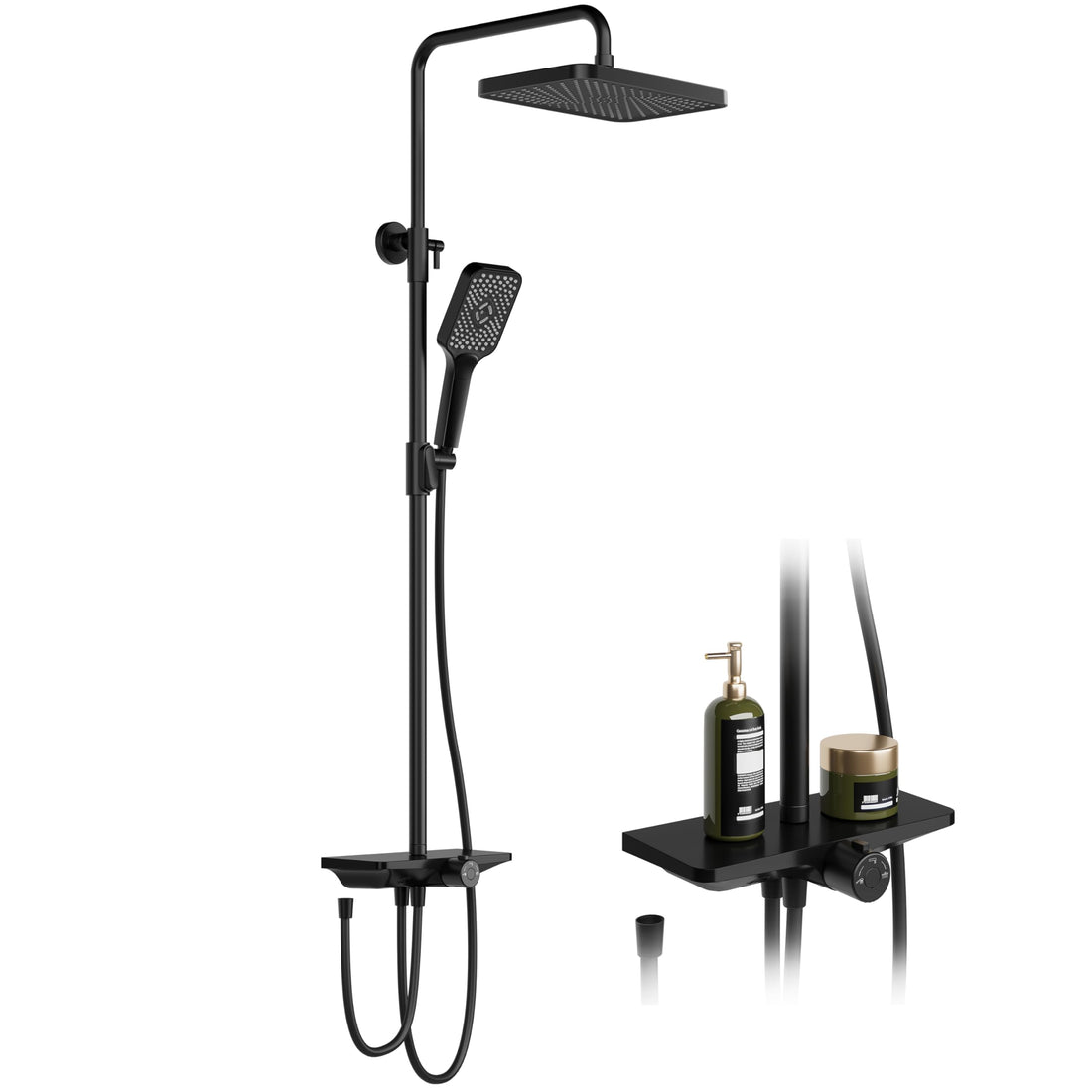 Système de douche à effet pluie Garvee sans accessoires, avec étagère, en acier inoxydable noir, 30 x 20,5 cm