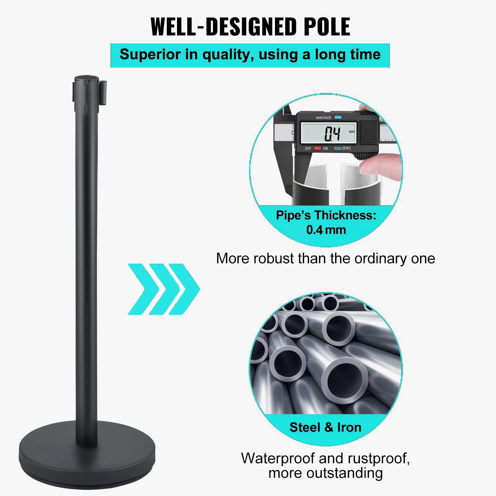 Poteaux de contrôle de foule Garvee avec sangle rétractable de 2 m (6,56 pi), acier inoxydable et fer, noir, 91 cm (36 po), pour aéroports
