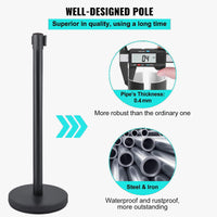 Poteaux de contrôle de foule Garvee avec sangle rétractable de 2 m (6,56 pi), acier inoxydable et fer, noir, 91 cm (36 po), pour aéroports