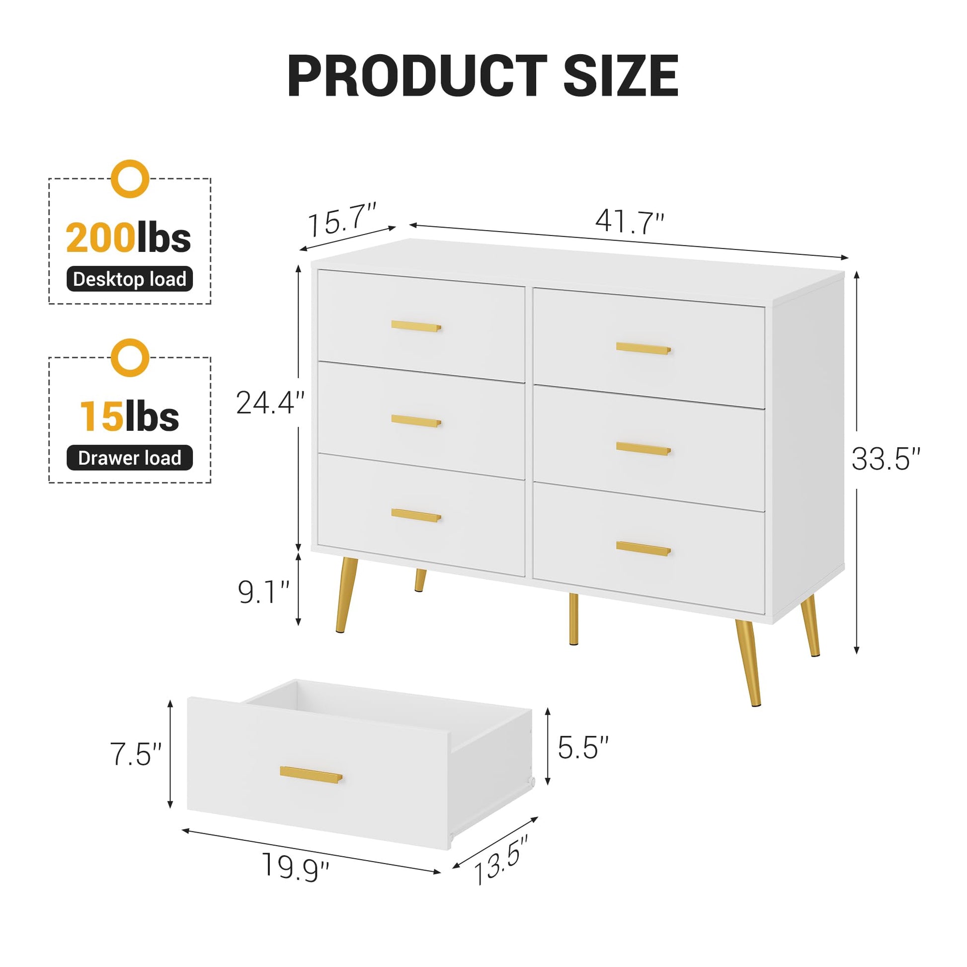 Garvee commode moderne blanche à 6 tiroirs, poignées dorées, pour la chambre et le salon