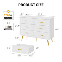 Garvee commode moderne blanche à 6 tiroirs, poignées dorées, pour la chambre et le salon