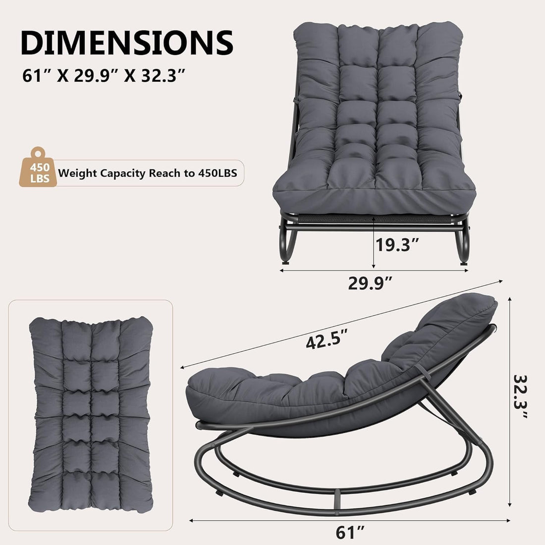 Fauteuil à bascule d'extérieur Garvee, structure en métal, réglable, imperméable, confortable, capacité de 204 kg, gris foncé, pour terrasse, jardin, salon