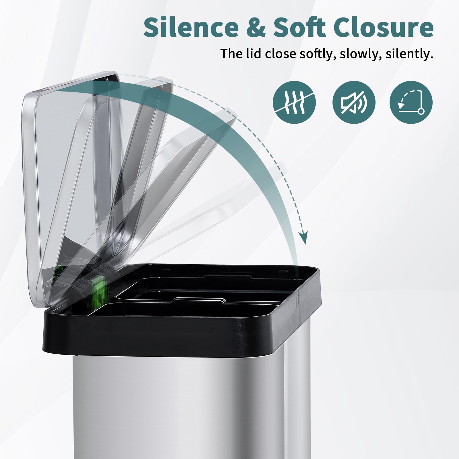 Poubelle de cuisine Garvee 2 x 36 L avec système de tri des déchets, en acier inoxydable, à pédale, double compartiment, sans contact et silencieuse, couleur argent.