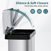 Poubelle de cuisine Garvee 2 x 36 L avec système de tri des déchets, en acier inoxydable, à pédale, double compartiment, sans contact et silencieuse, couleur argent.