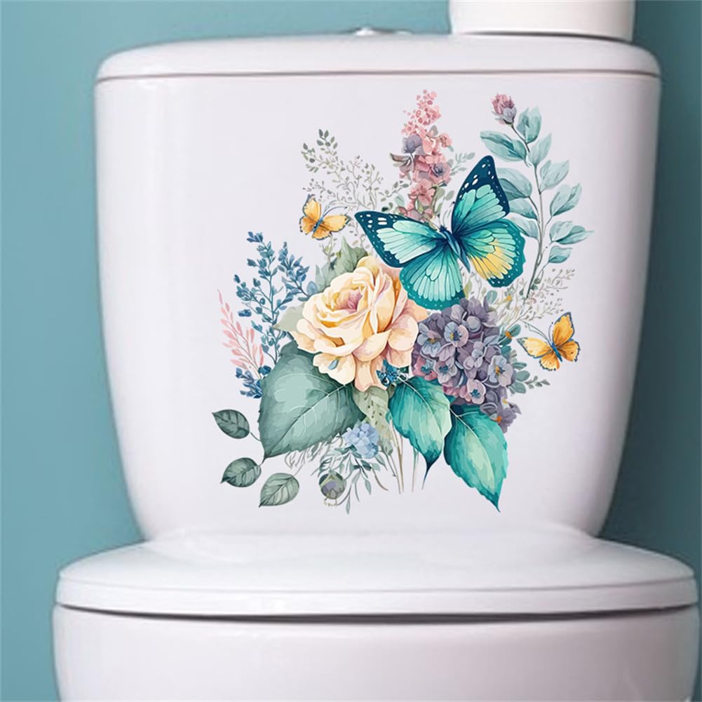 Autocollants pour siège de toilette Garvee avec fleurs et papillons, auto-adhésifs, en PVC imperméable, pour la décoration de salle de bain