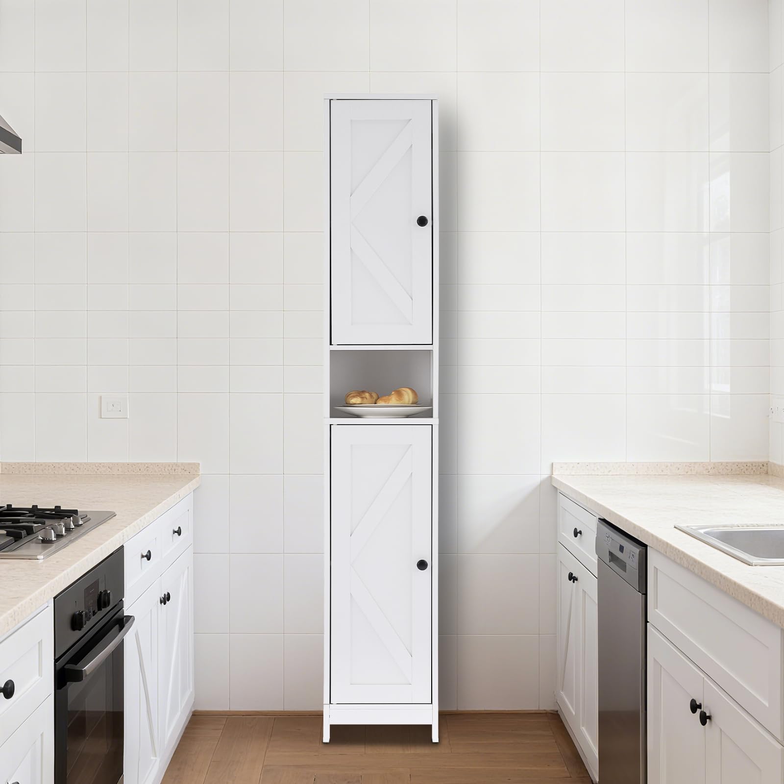 Meuble de salle de bain Garvee 170 cm de haut avec 2 portes coulissantes, 1 tiroir, pour salle de bain et cuisine, en bois, étroit, robuste et polyvalent, avec portes en acrylique transparent et blanc.