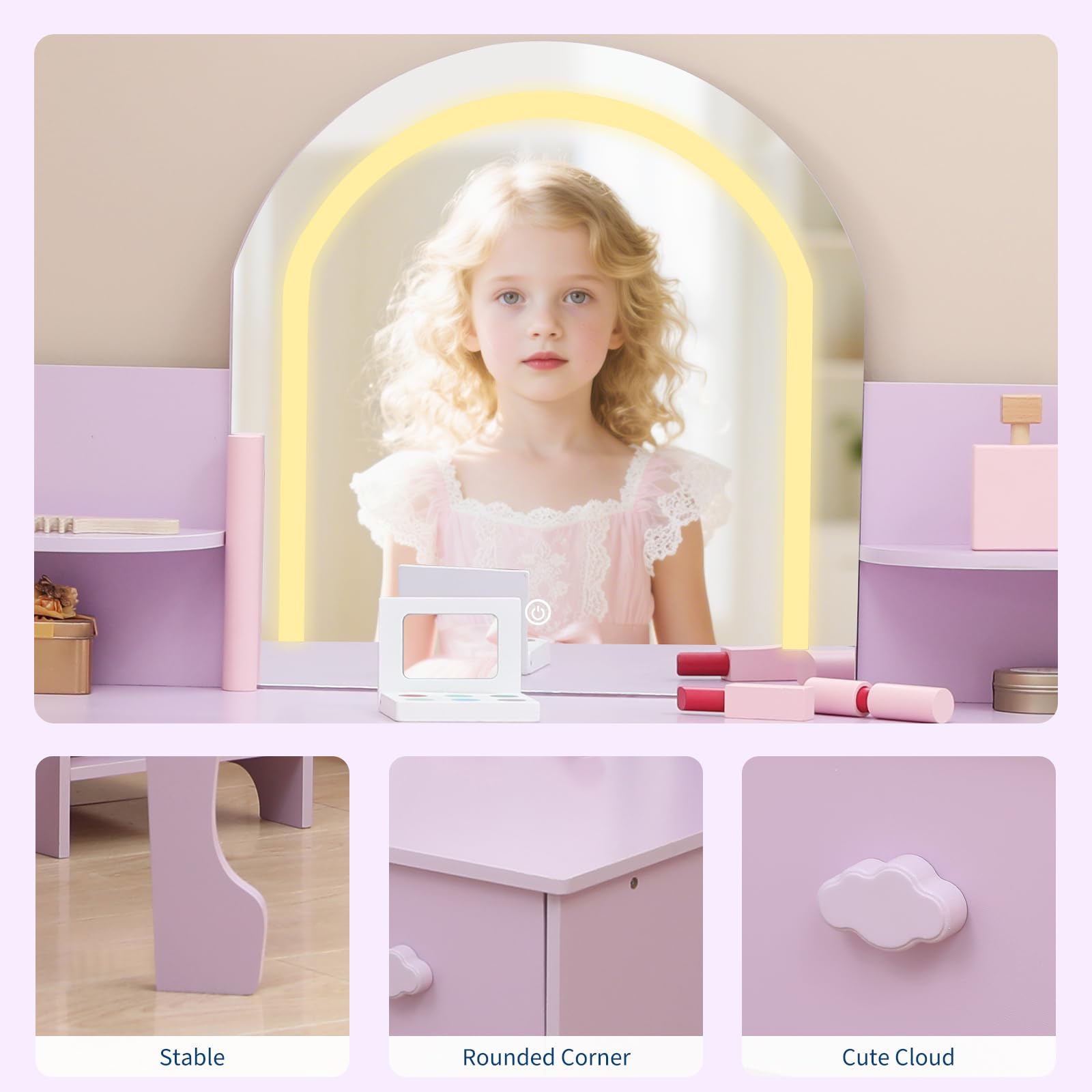 Coiffeuse Garvee pour enfants avec lumière LED et tabouret, réglable, MDF, violet, pour filles de 3 à 9 ans, salle de jeux