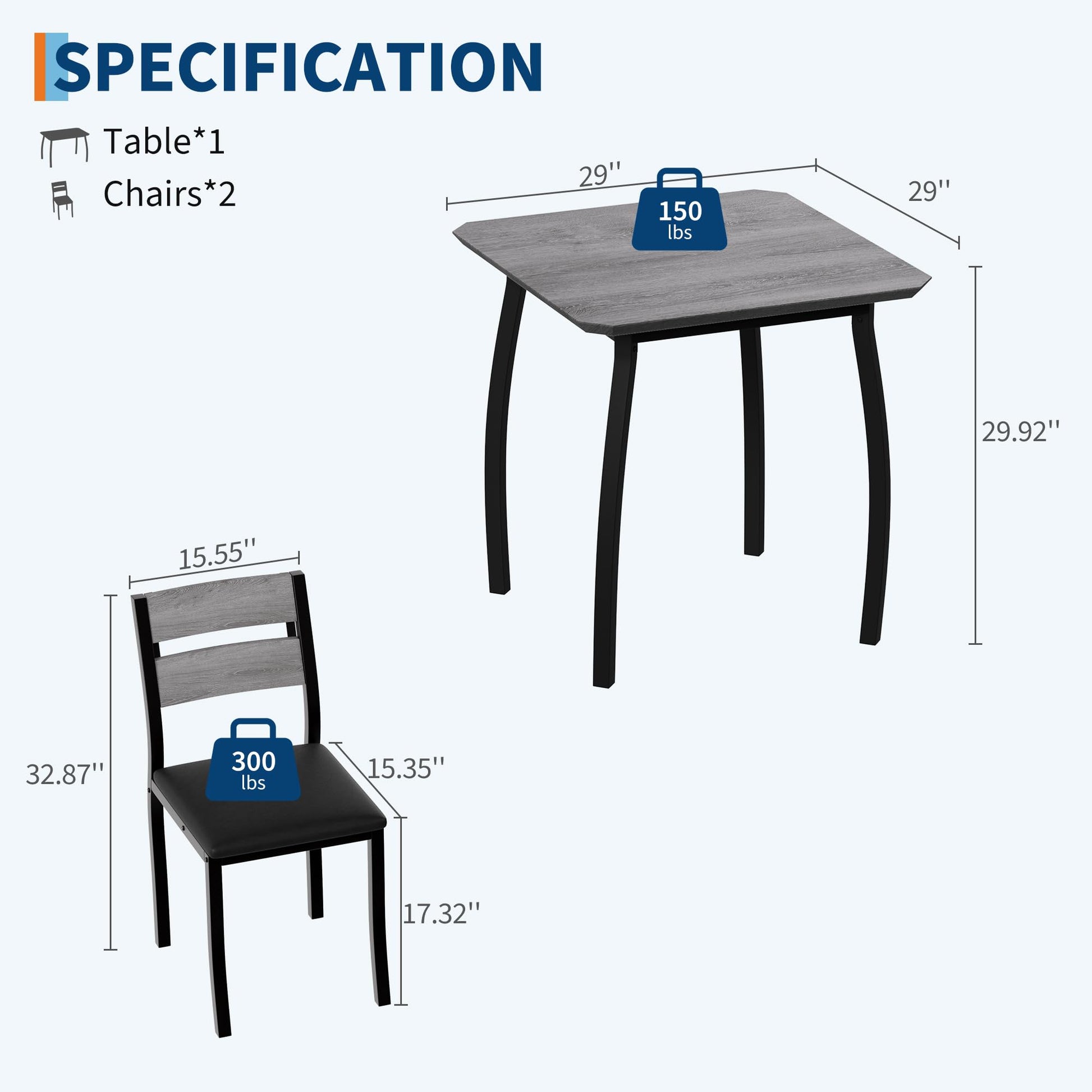 Ensemble de salle à manger Garvee 3 pièces pour 2 personnes avec chaises rembourrées en PU et table en bois MDF, compact, robuste, gris, idéal pour les petites cuisines et les appartements.