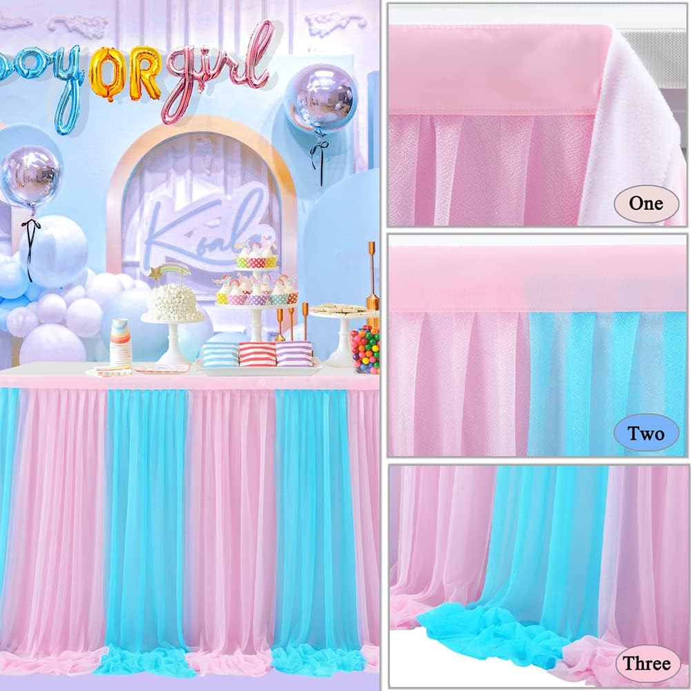 Jupe de table en tulle Garvee Monouso rose et bleu - Protection de table douce et réutilisable pour mariages et fêtes, 1,8 m/2,7 m/4,2 m, élégante et festive