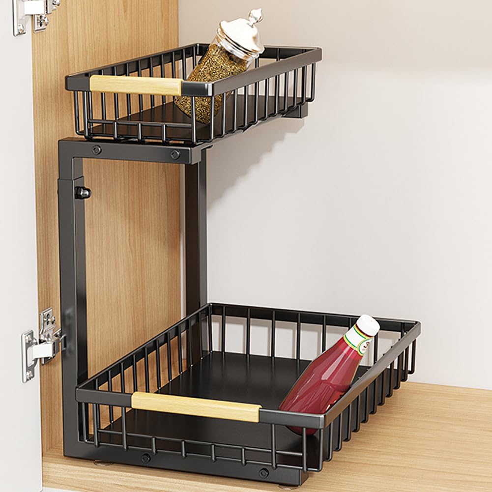 Étagères extensibles sous évier Garvee, en métal, réglables en hauteur, pour cuisine et salle de bain, noires, en forme de L