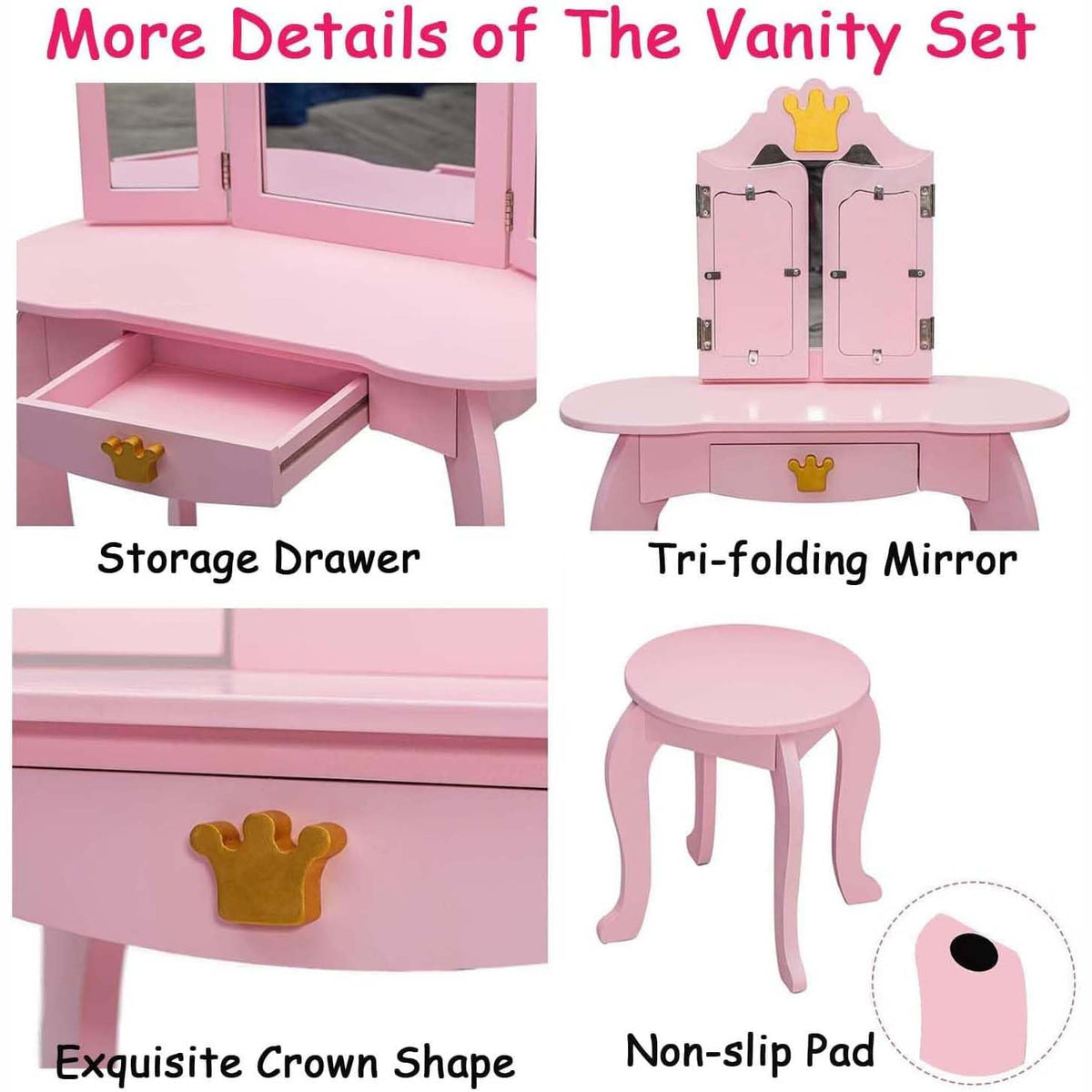 Garvee Coiffeuse pour enfants avec miroir triptyque et tabouret, bureau de maquillage princesse 2 en 1 en bois, ensemble de jeu d'imitation pour tout-petits, Rose