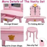 Garvee Coiffeuse pour enfants avec miroir triptyque et tabouret, bureau de maquillage princesse 2 en 1 en bois, ensemble de jeu d'imitation pour tout-petits, Rose