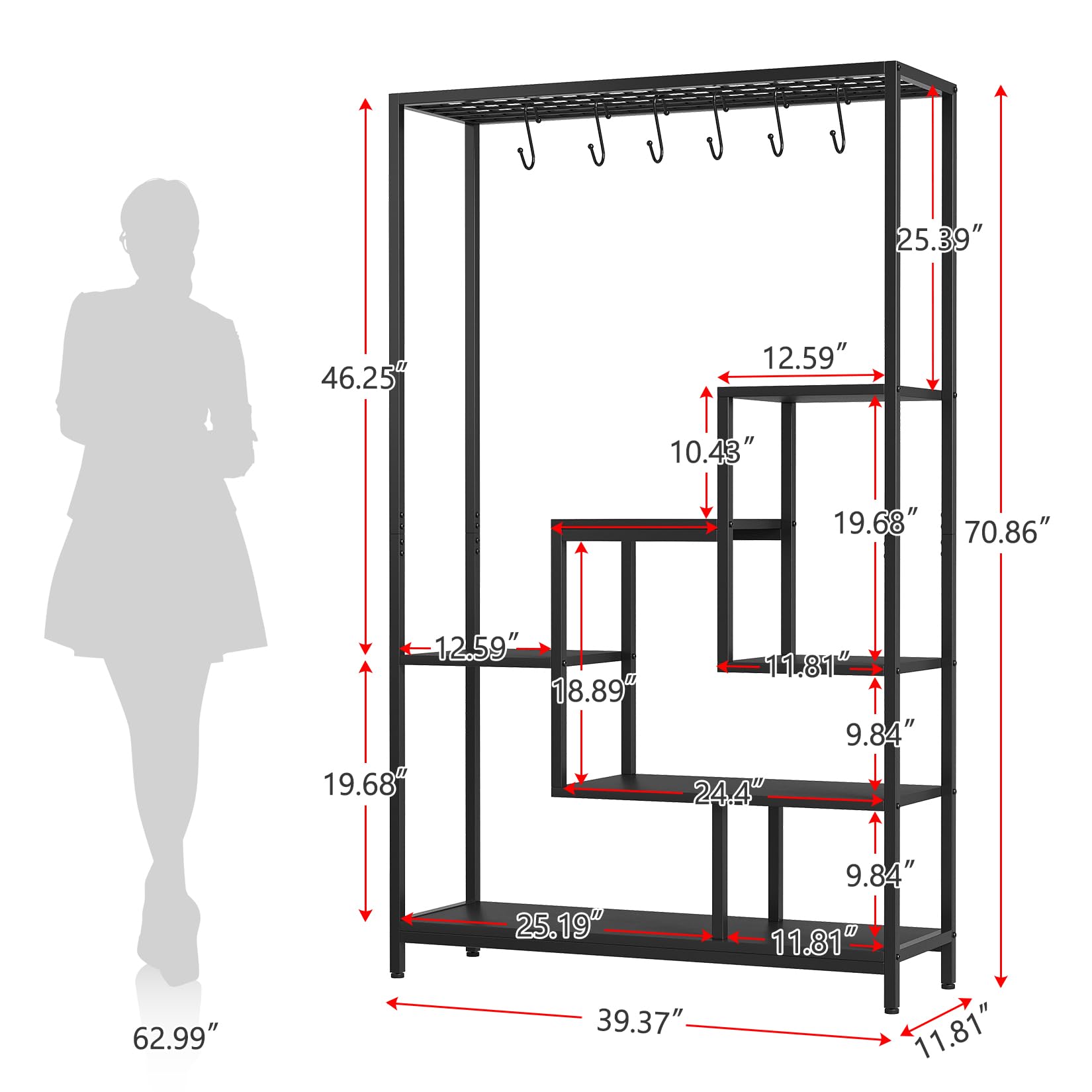 Support pour plantes d'intérieur Garvee, structure métallique à 5 niveaux avec crochets pour balcon et salon, 180 cm (70,9 pouces), noir