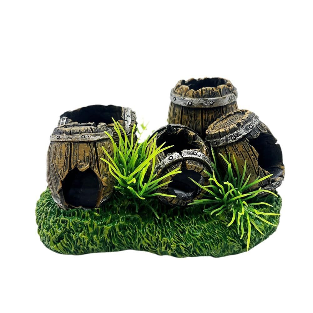 Garvee Décorations d'aquarium en résine, abri en forme de tonneau à vin, grotte idéale pour les poissons et les crevettes, pour se reposer et jouer, couleur naturelle