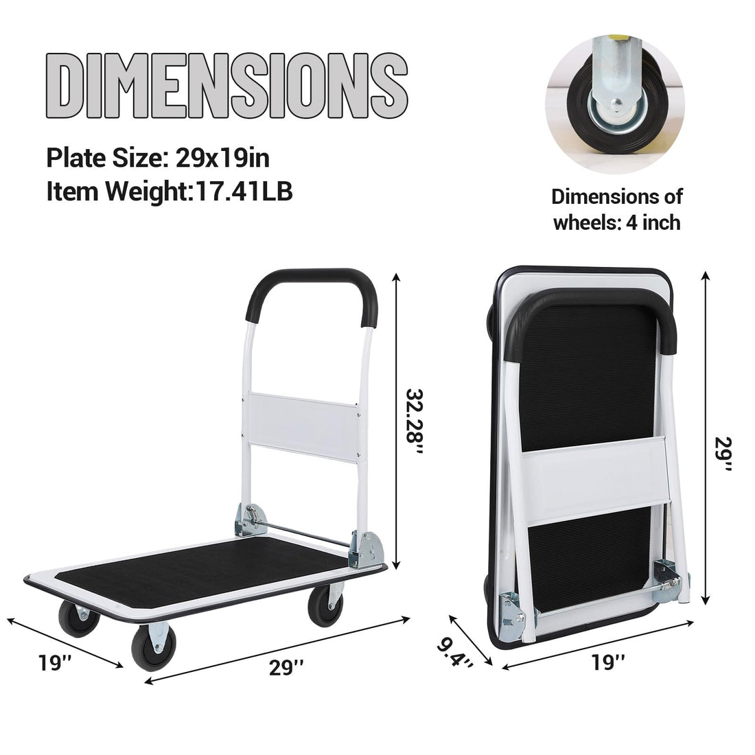 Chariot de manutention pliable Garvee, capacité de charge de 150 kg, roues en acier et caoutchouc, poignée ergonomique, idéal pour le bureau et l'entrepôt.