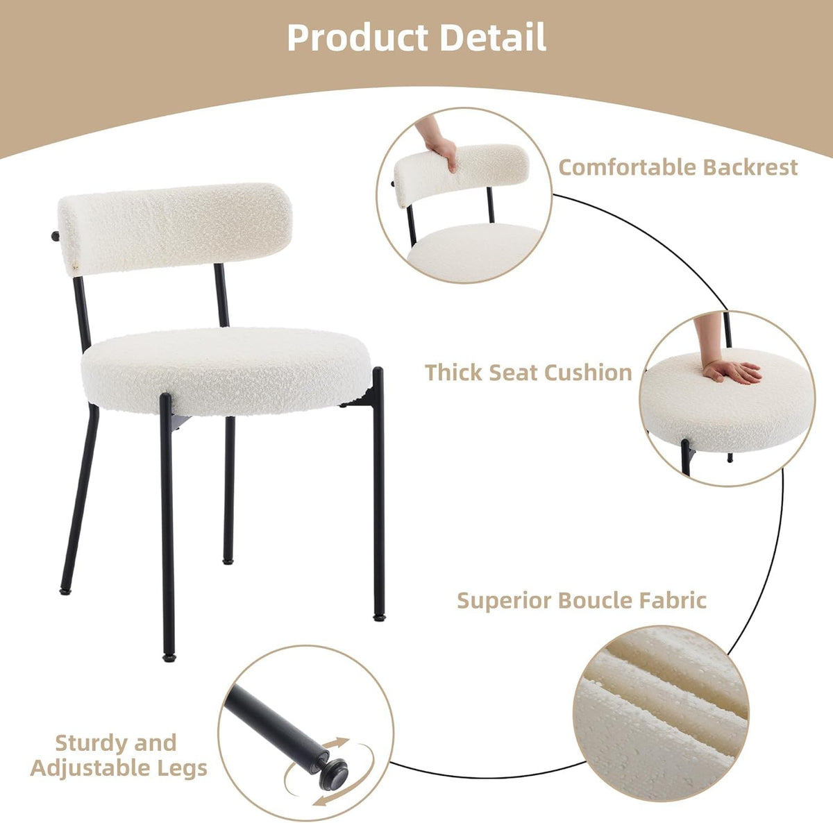 Ensemble de 2 chaises de salle à manger Garvee, style milieu du siècle, en tissu bouclé, pieds et dossier réglables, pieds en métal, ergonomiques et modernes, noires.