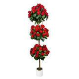 Garvee Géranium artificiel 150 cm avec 3 boules de fleurs en soie et pot blanc, décoration intérieure et extérieure, rouge - Rouge