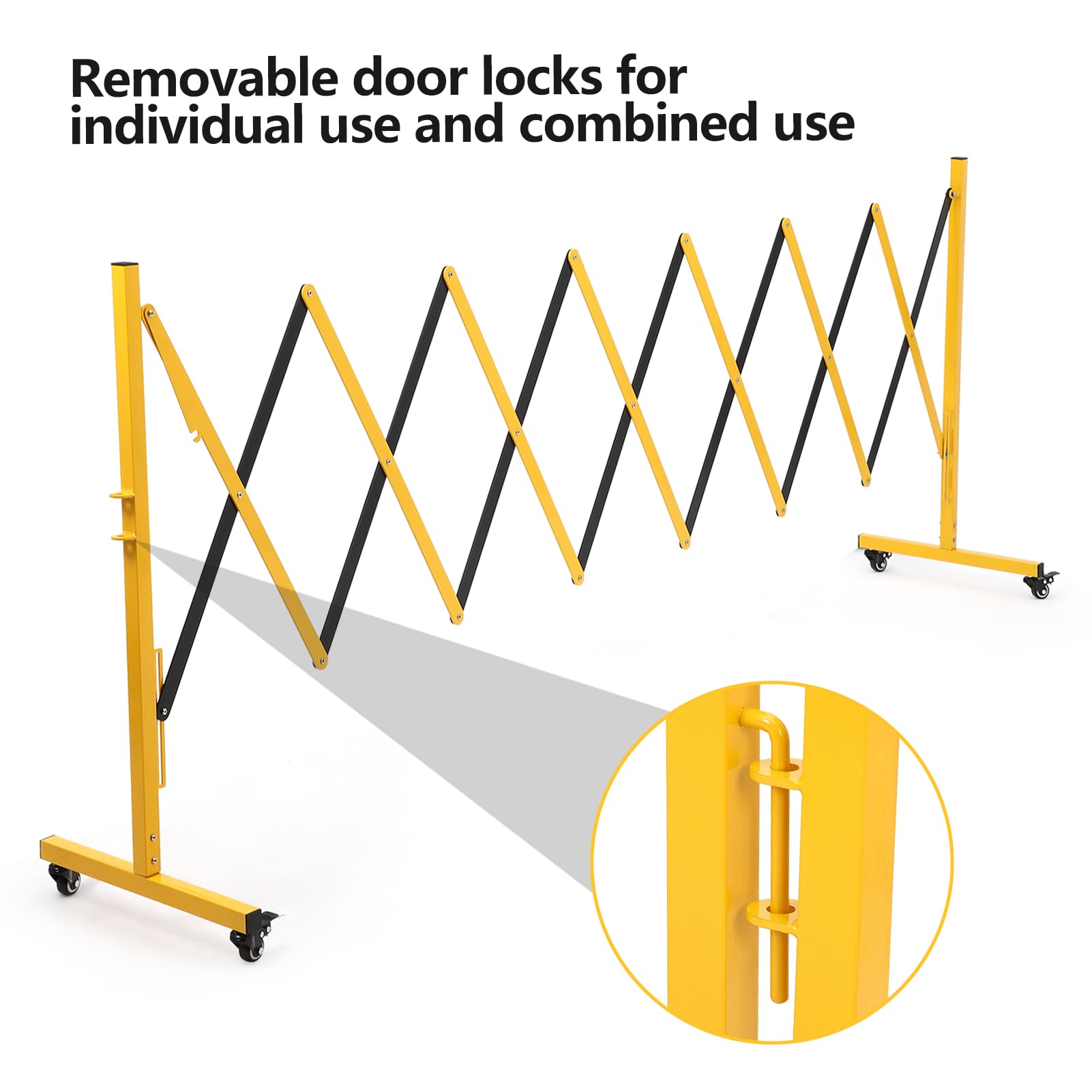Barrière métallique extensible industrielle Garvee de 3,35 m (11 pi) avec roues, pliable, en alliage d'aluminium, pour chantiers et parkings, robuste et facile à assembler.