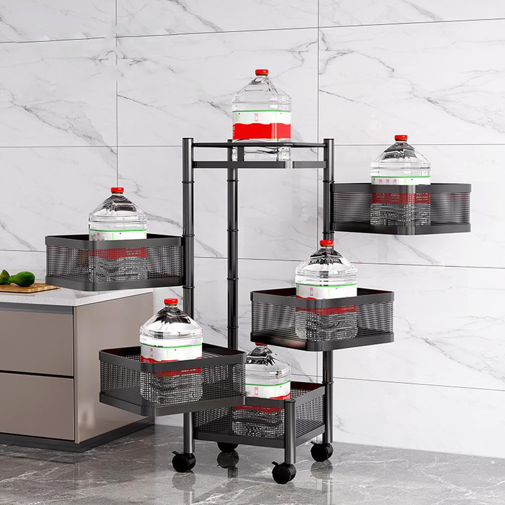 GARVEE Chariot de rangement rotatif 5 niveaux en acier carbone, 4 roulettes, pour cuisine, salon, chambre d’enfant, fruits et jouets, noir