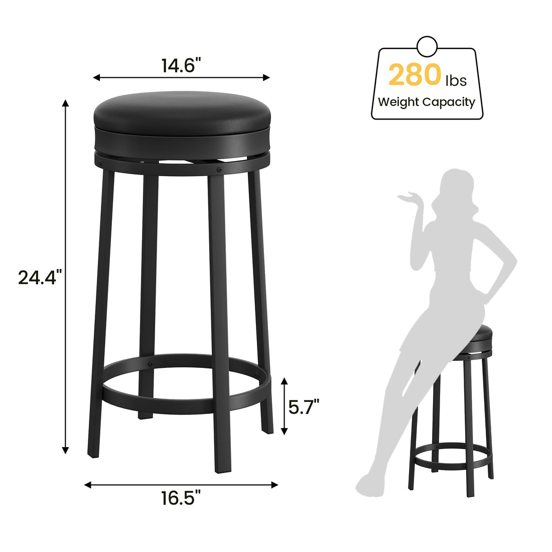 Garvee Lot de 2 tabourets de bar pivotants 61cm, assise ronde en cuir PU noir, repose-pieds, cadre métal, sans dossier, pour îlot de cuisine
