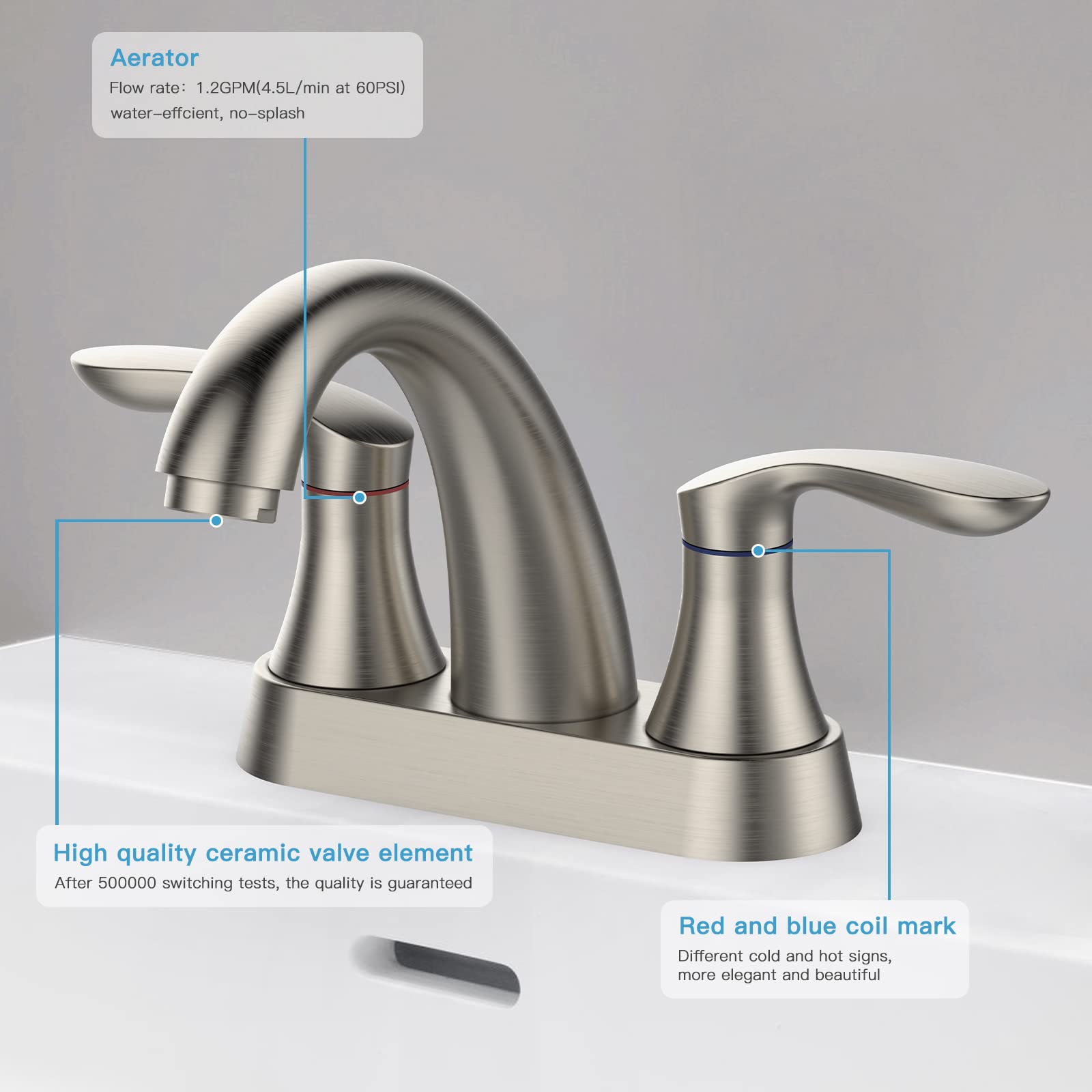 Robinet de salle de bain Garvee de 10 cm (4 po), valve en céramique, fini nickel brossé, double poignée, bonde escamotable, installation facile