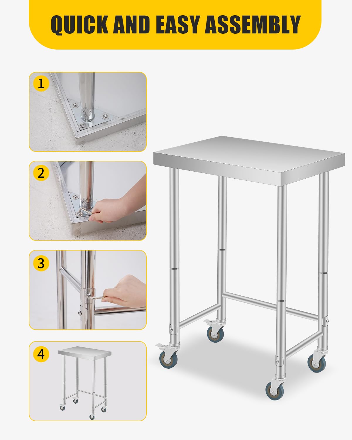 Garvee table de travail en acier inoxydable 45,7 × 61 cm, robuste, version mobile et fixe, argentée, pour cuisine et atelier