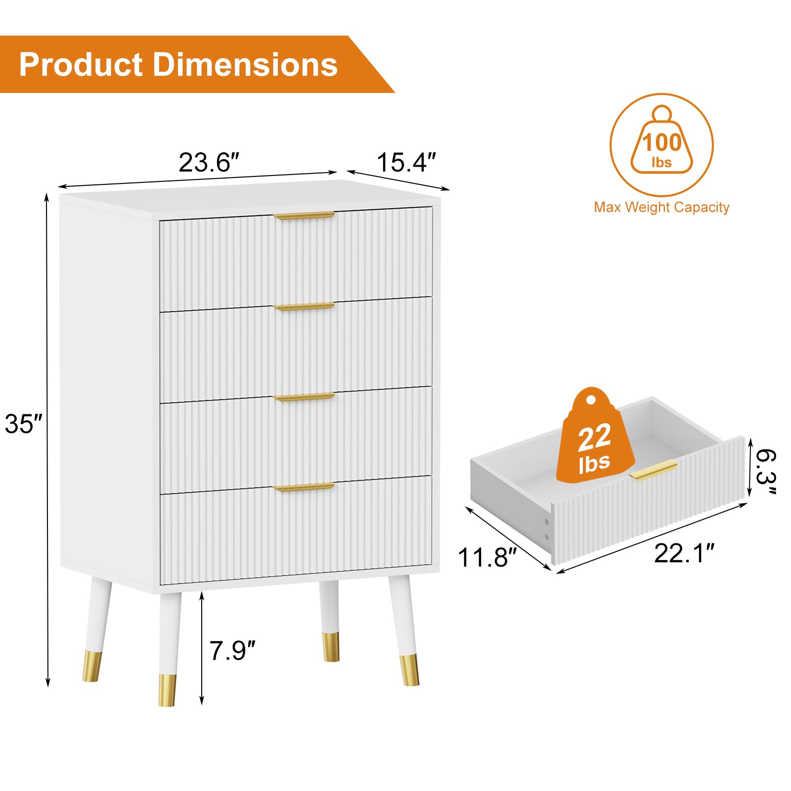 Commode moderne Garvee à 5 tiroirs avec pieds en métal et poignées dorées pour chambre et salon, en bois MDF, imperméable et robuste.