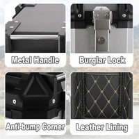 Top case moto Garvee 80L en alliage d'aluminium avec serrure de sécurité, étanche, robuste et polyvalent, couleur argent.