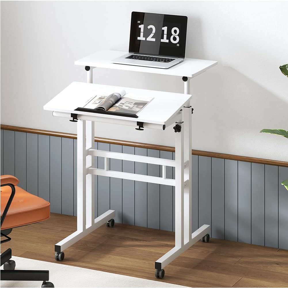 Garvee Bureau assis-debout mobile 60 × 60 × 70-110 cm, hauteur réglable, plateau inclinable, 4 roulettes, motif fleur de prunier, idéal télétravail.