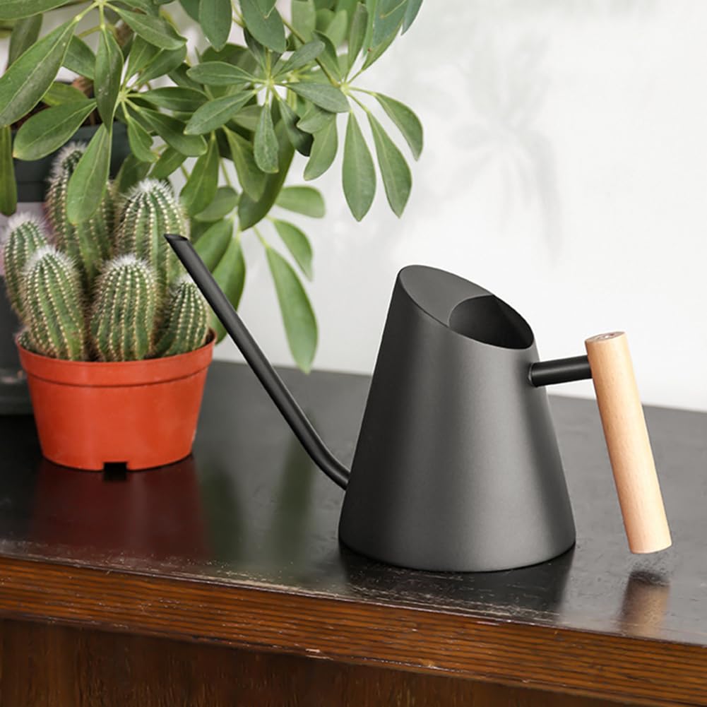 Arrosoir Garvee en acier inoxydable 900 ml avec long bec et poignée en bois pour plantes d'intérieur, noir, anti-goutte, antirouille