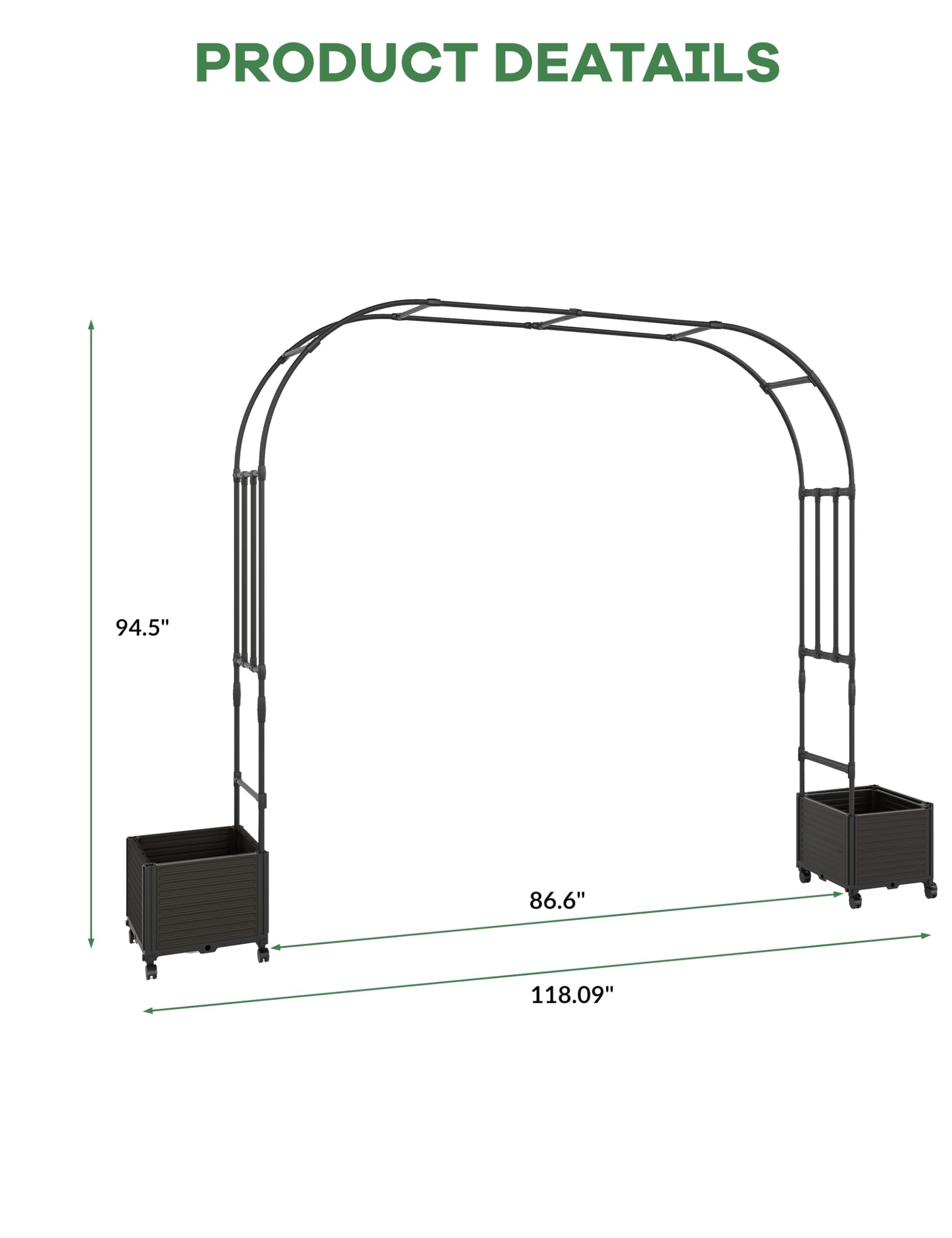 Arche de jardin Garvee 86,6 pouces en métal avec jardinière intégrée, résistante aux intempéries et réglable en hauteur, idéale pour les mariages et le jardin (noir).