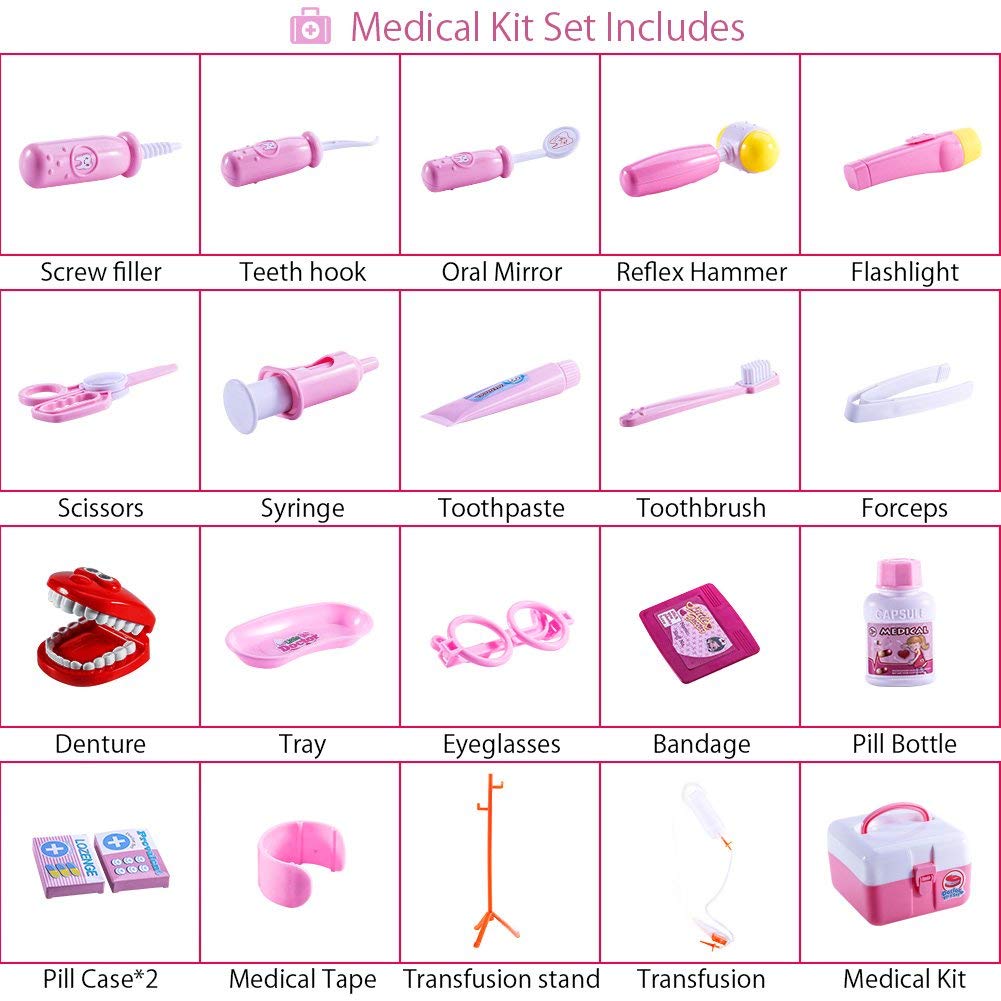 Coffret de dentiste Garvee, 20 pièces, mallette robuste pour jeux de rôle, école, rose