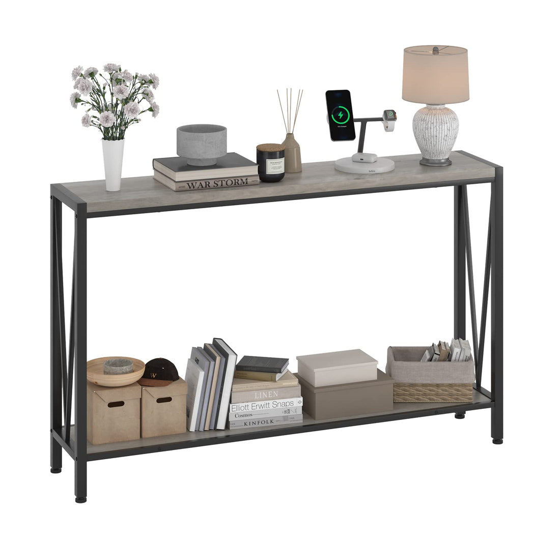 Garvee Console d’entrée industrielle 2 niveaux, table étroite 109 cm avec rangement, design en V, idéale pour entrée, salon et couloir, gris.