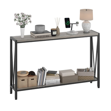 Garvee Console d’entrée industrielle 2 niveaux, table étroite 109 cm avec rangement, design en V, idéale pour entrée, salon et couloir, gris.