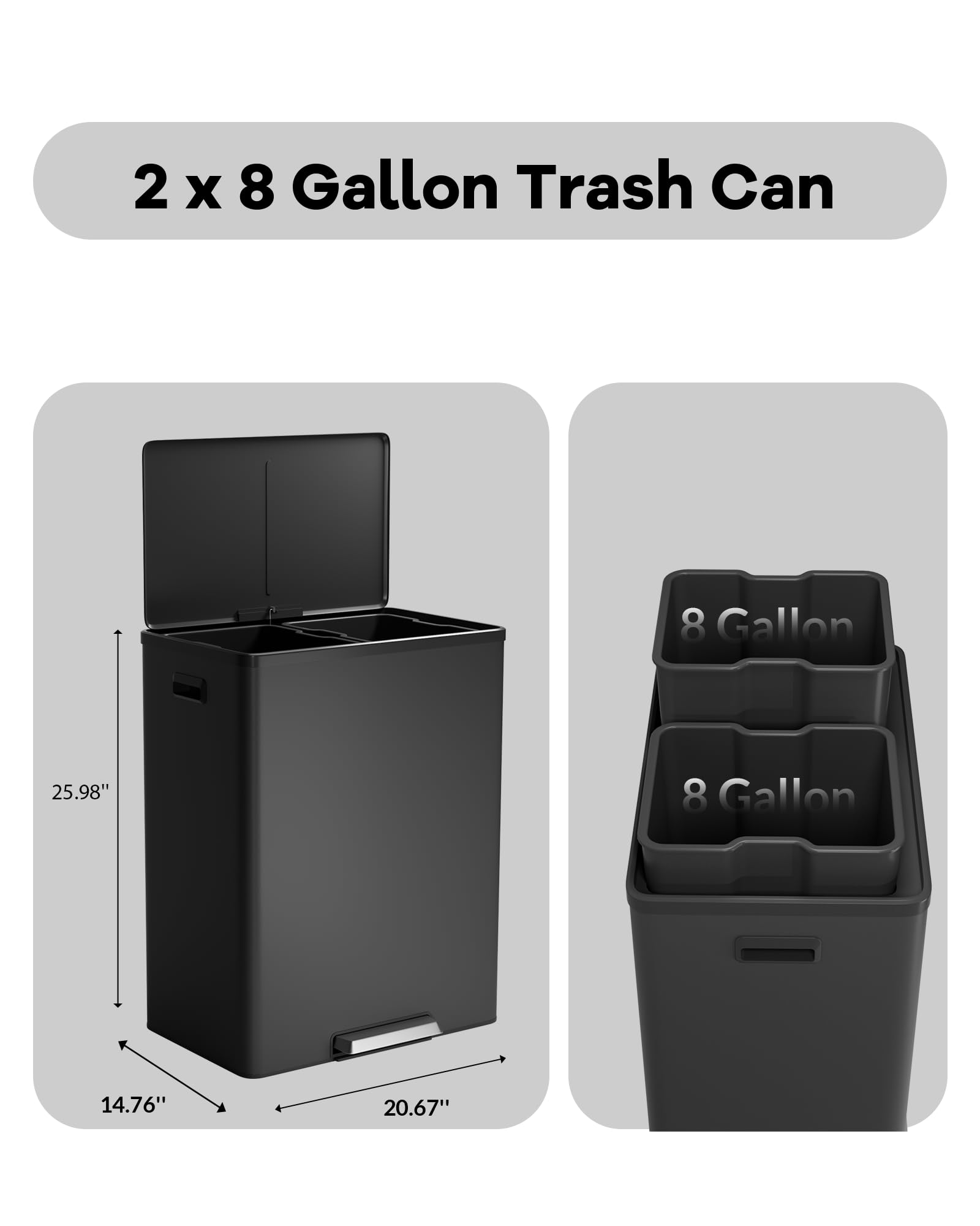 Poubelle double Garvee en acier inoxydable avec couvercle et pédale pour la cuisine et le recyclage, 2 x 8 L, silencieuse, compacte, argentée