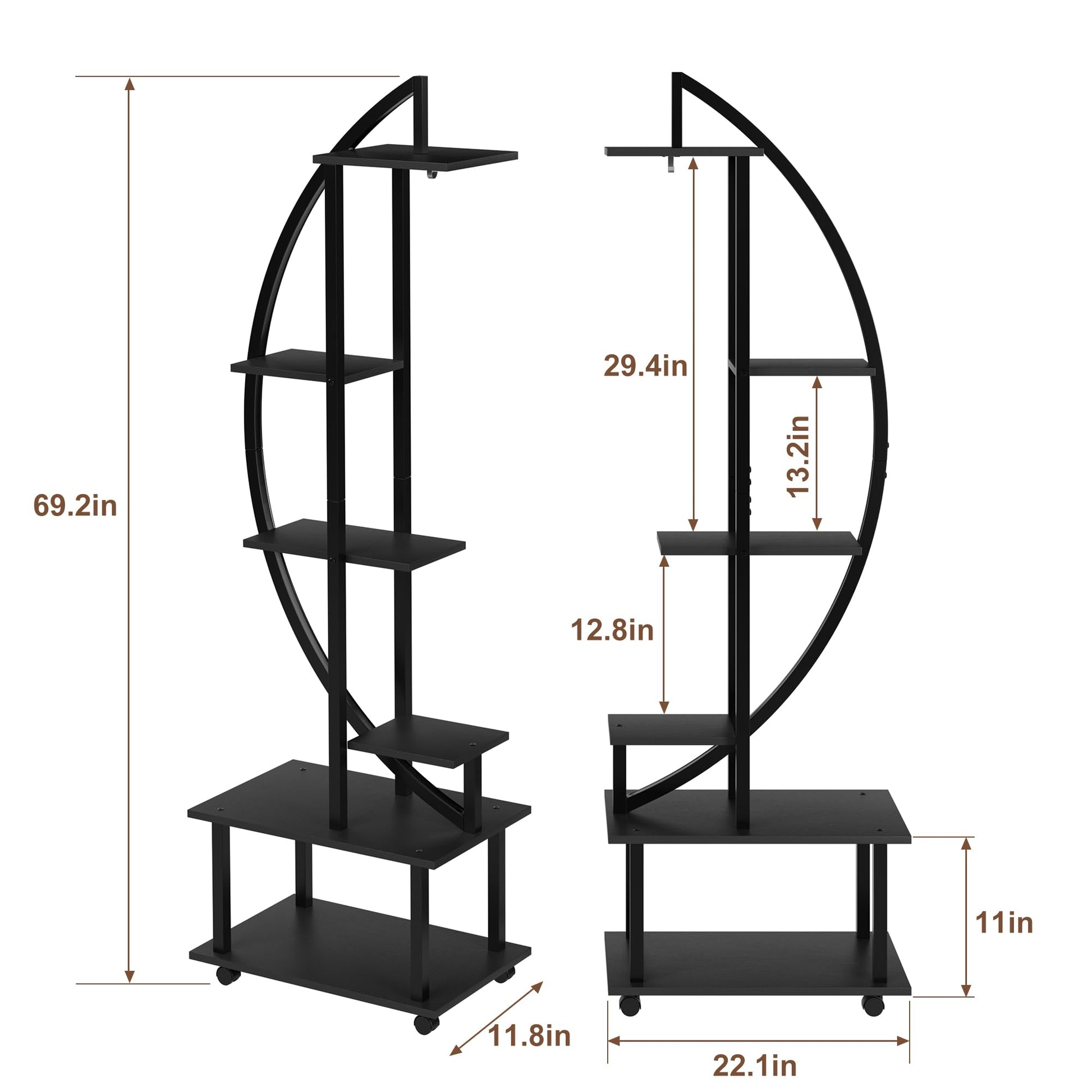 Ensemble Garvee de 2 pièces : support à plantes en métal à 6 niveaux avec roulettes amovibles et étagères en bois en forme de croissant, pour l'intérieur et le jardin, 175 cm (69 pouces), noir.