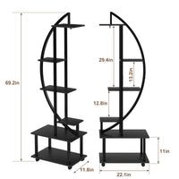 Ensemble Garvee de 2 pièces : support à plantes en métal à 6 niveaux avec roulettes amovibles et étagères en bois en forme de croissant, pour l'intérieur et le jardin, 175 cm (69 pouces), noir.