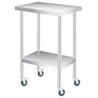 Table de travail Garvee 14" x 24" en acier inoxydable, 2 niveaux avec étagère réglable, roulettes, pour cuisine, restaurant, usage extérieur, robuste